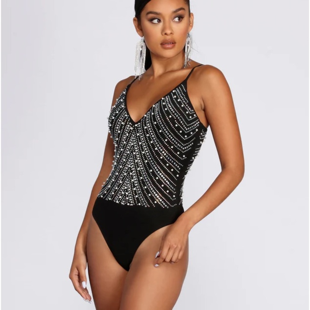 Rhinestoned Pearly Beaded Black Thong Bodysuit